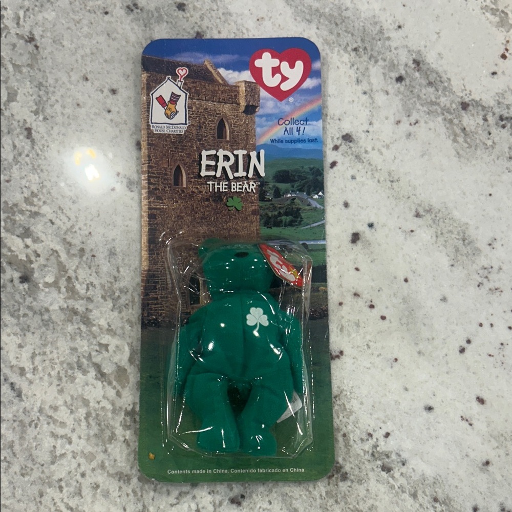 NWT Ty Erin the Bear Plush Green with White Shamrock in packaging, beanie babies
